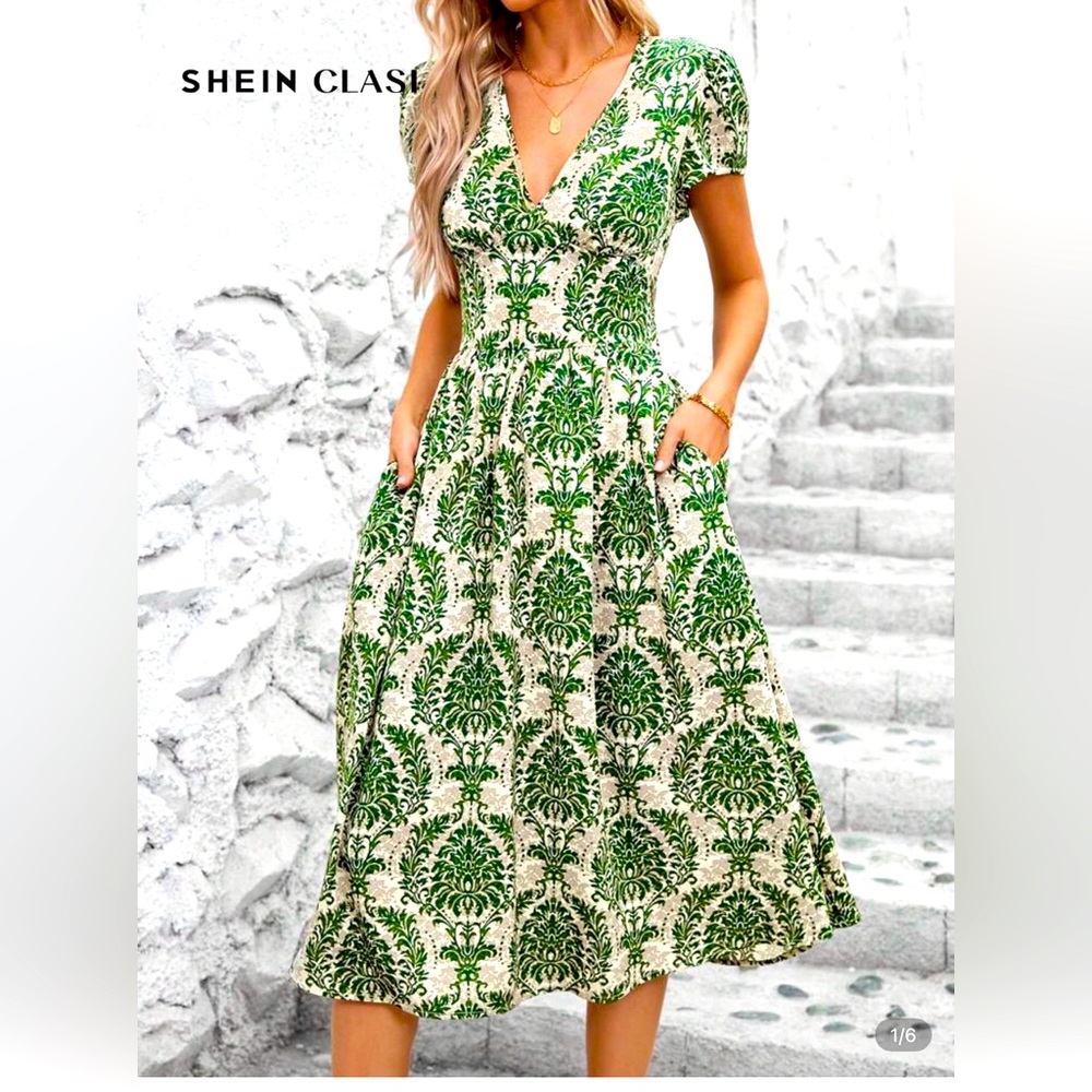 SHEIN Green and Cream Floral V-Neck Midi Dress size small